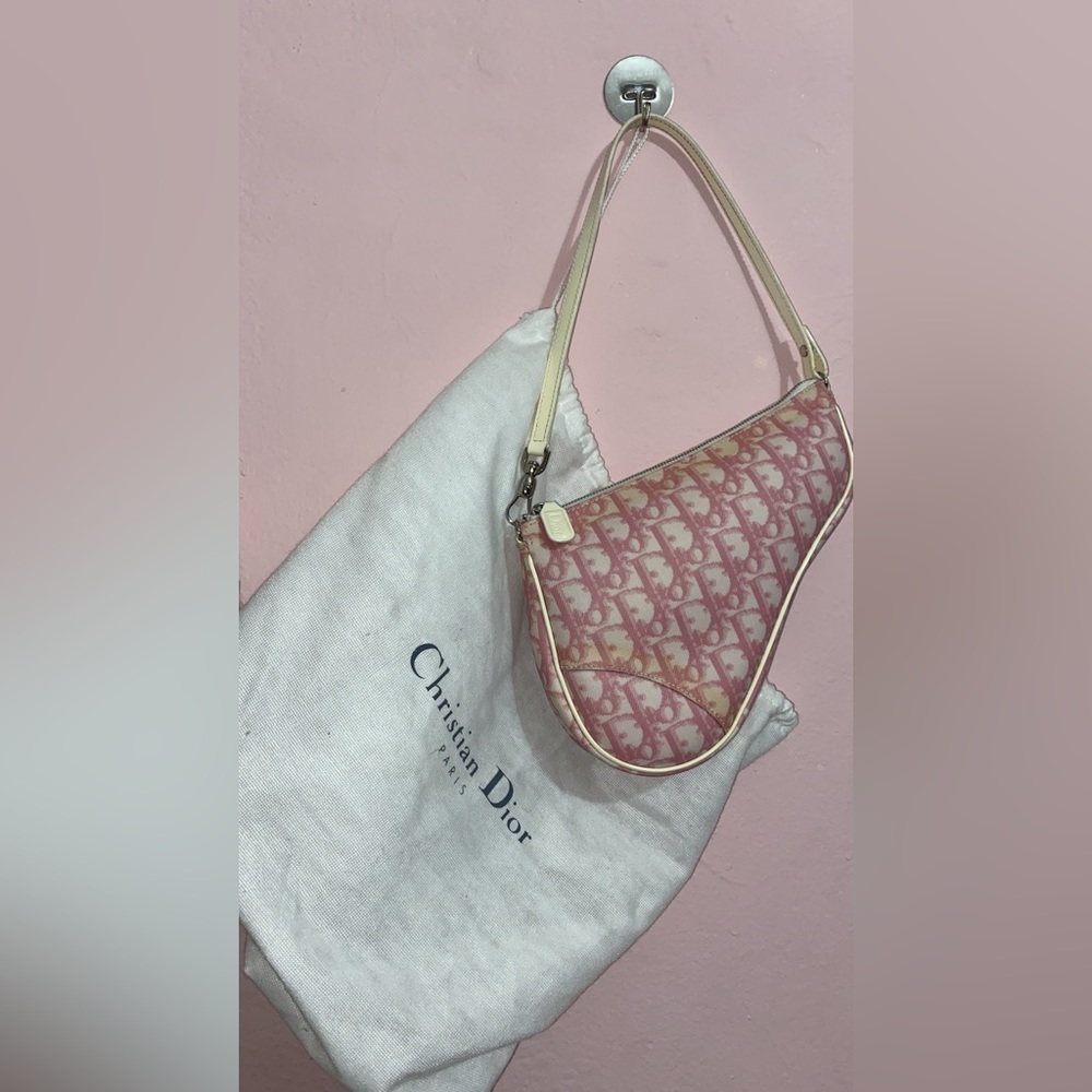 Vintage Authentic Christian Dior Hand Bag Trotter Saddle Pink Monogram